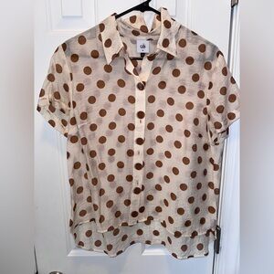 CAbi Cream Short-Sleeve Button-Down Shirt with Brown Polka Dots